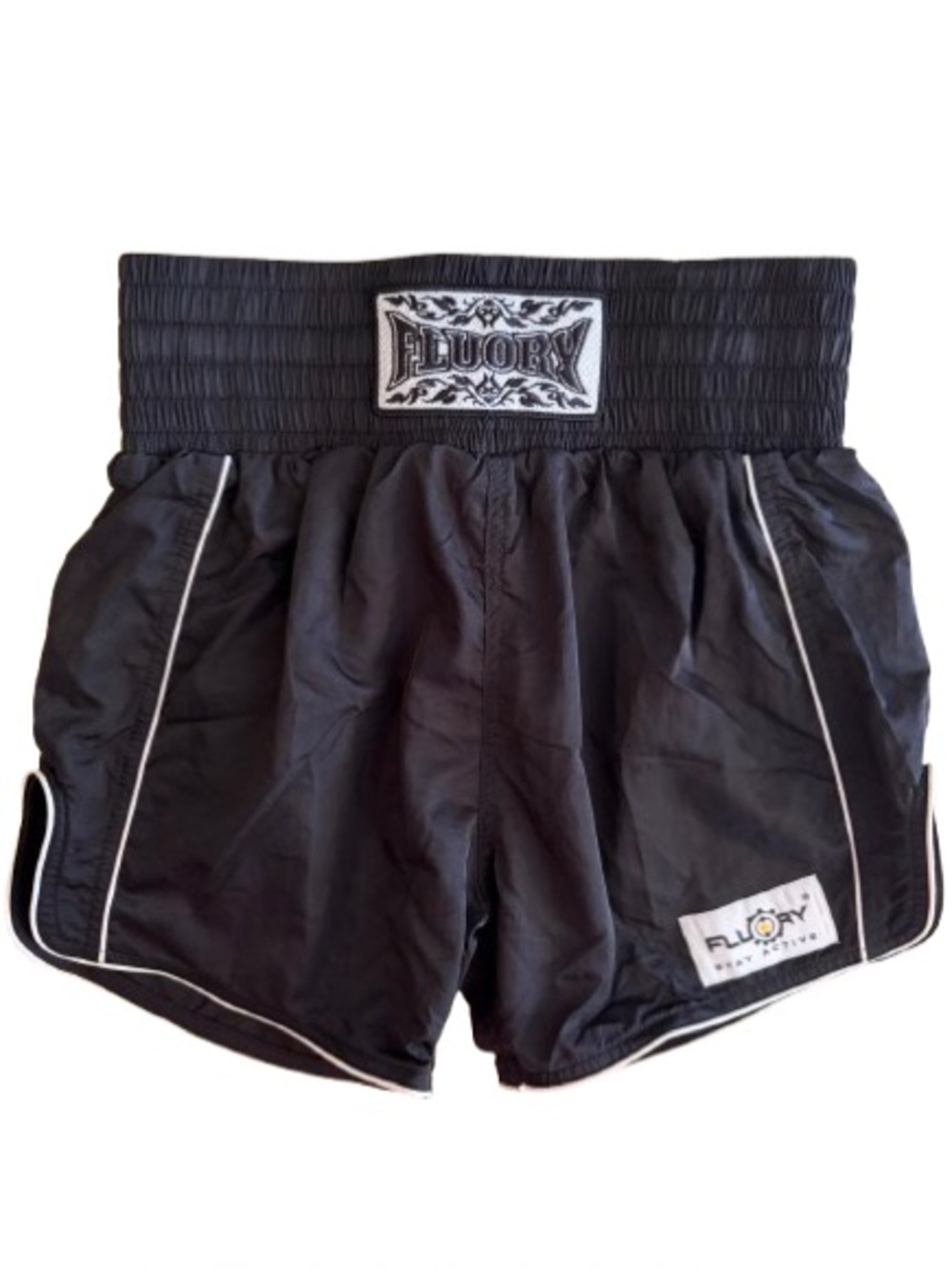Fluory Classic Black Muay Thai Shorts Men Women Adult Size L Kickboxing MMA NWT
